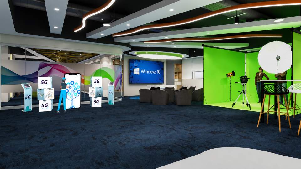 Interactive 5G experience zone with green screen studio and digital product displays.